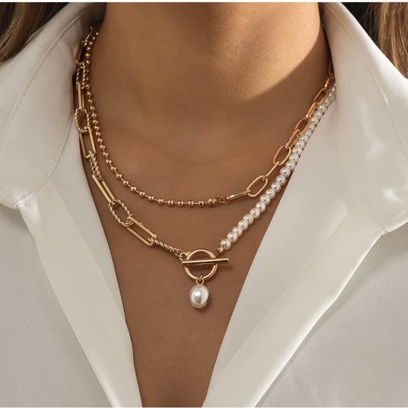 Anthropologie Jewelry - Wrap Gold Pearl Paperclip Link Necklace